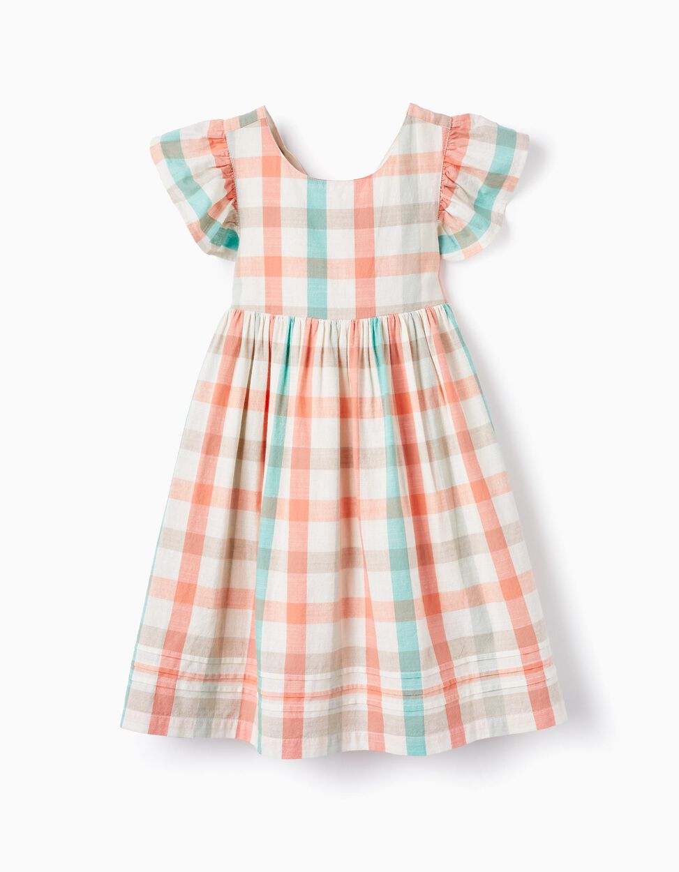 Buy Online Checked dress in cotton for girls 'B&S', Aqua Green/Coral