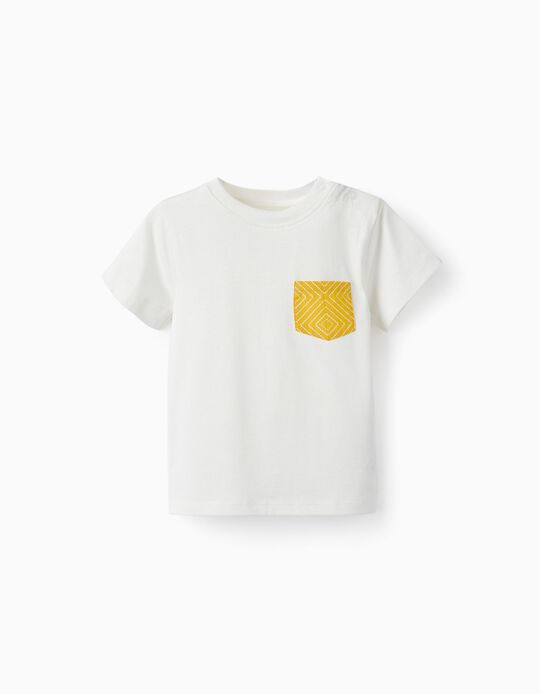 Comprar Online T-Shirt de Algodão com Bolso para Bebé Menino, Branco/Amarelo