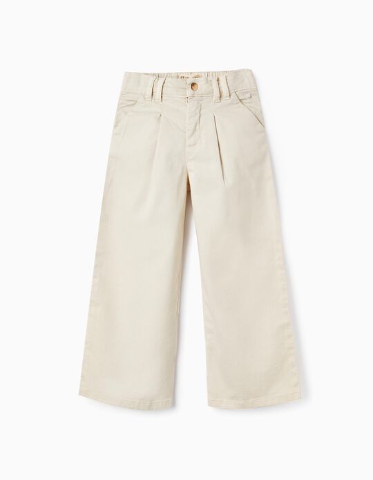 Cotton Twill Trousers for Girls 'Wide Leg', Beige