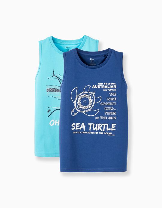 Comprar Online 2 T-shirts Manga Cava em Algodão para Menino 'Deep Sea', Azul/Turquesa