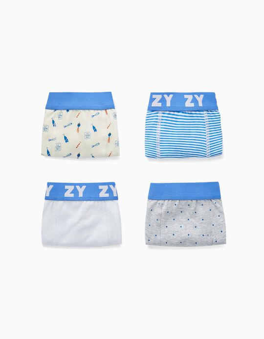 4 Boxer Shorts for Boys 'Fishing', Blue/White/Grey