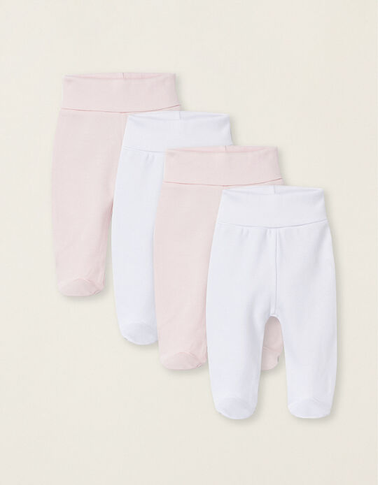 Pack of 4 Footed Trousers for Baby Girls 'Extra Comfy', White/Pink