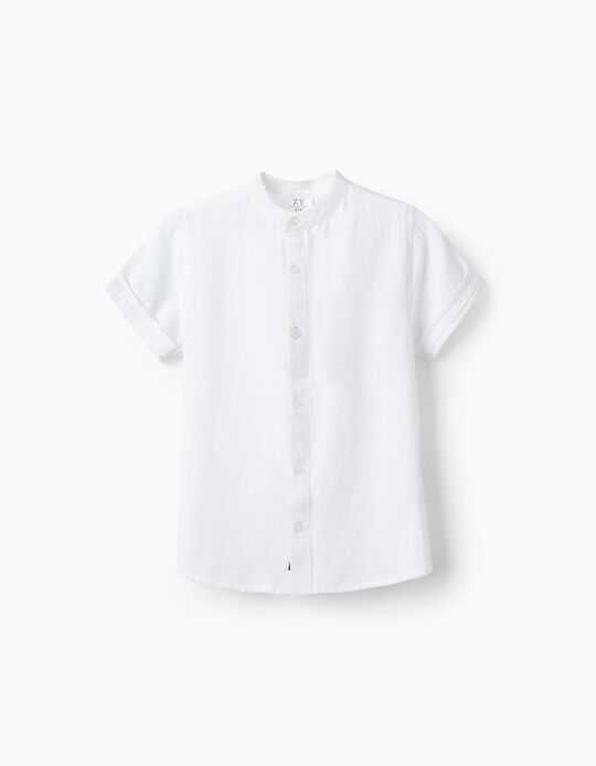 Camisa de Manga Curta com Linho para Menino, Branco