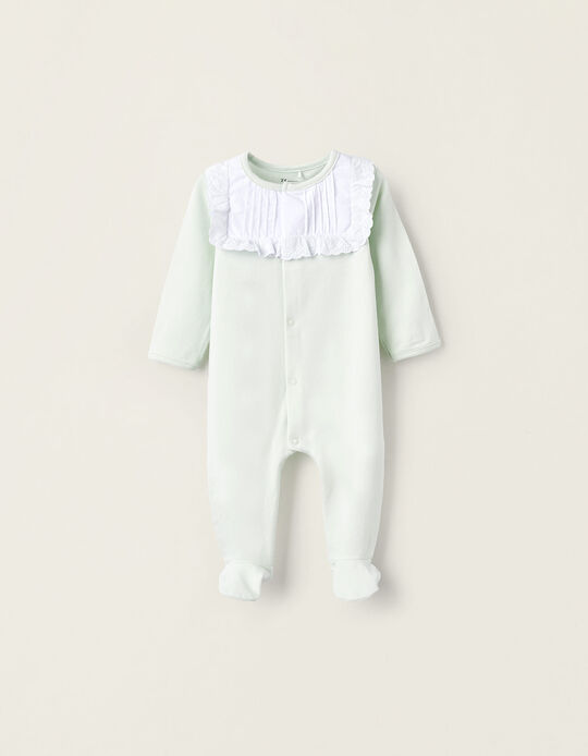 Cotton Sleepsuit with Broderie Anglaise for Newborn Girls, White/Green