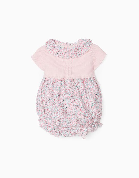 Dual Fabric Jumpsuit for Newborn Baby Girls 'Flowers', Pink