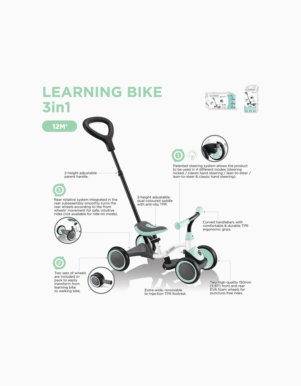 Bicicleta De Aprendizagem 3 Em 1 Globber 12M+, Mint