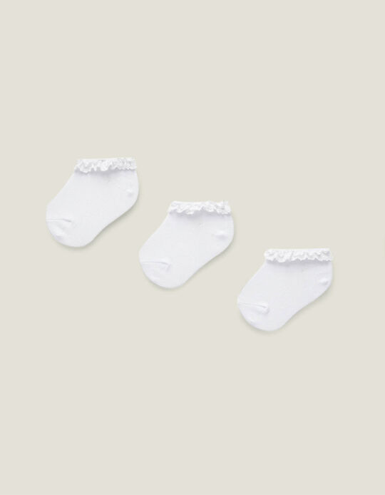 3 Pairs of Ankle Socks with Lace for Baby Girls, White