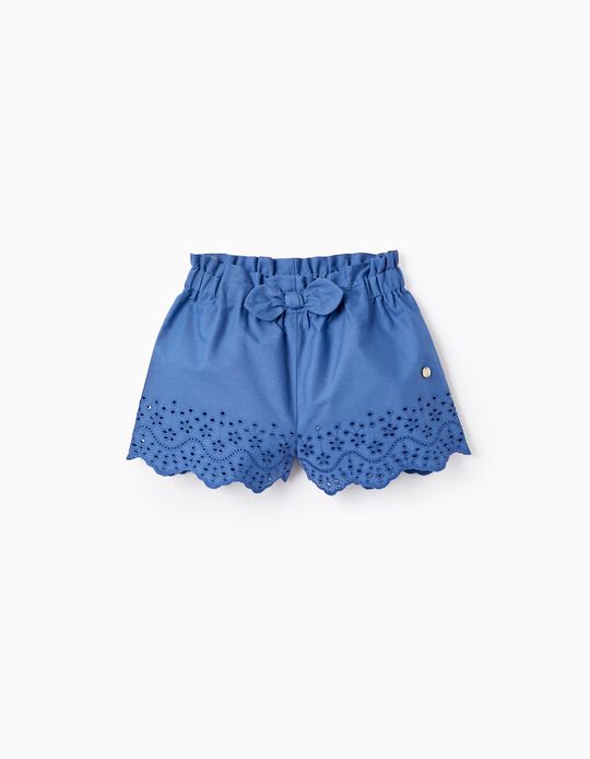 Cotton Shorts with Broderie Anglaise for Baby Girls, Blue
