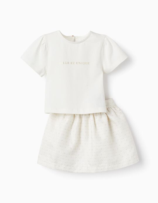 Comprar Online T-Shirt + Saia para Bebé Menina 'Belle et Unique', Branco/Dourado