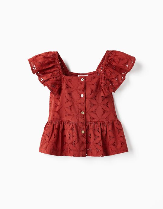 Short-sleeved Blouse with Embroidery for Girls, Dark Red