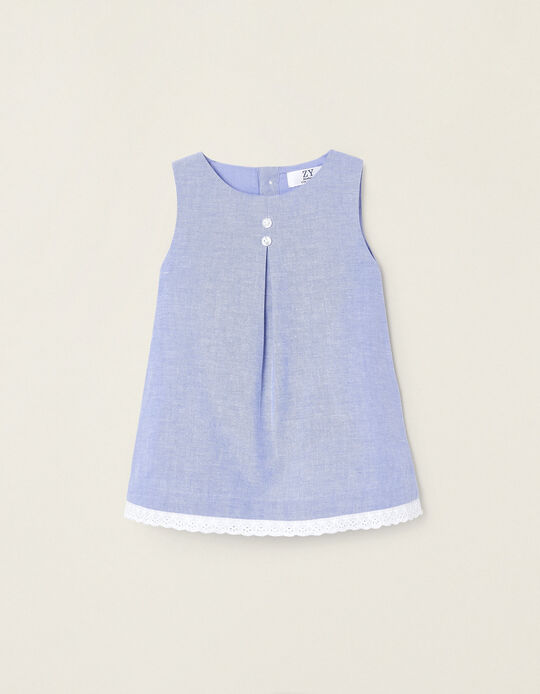 Oxford Fabric Dress with English Embroidery for Newborns, Blue