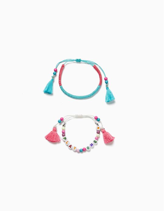 2-Pack Bracelets with Cord and Beads for Girls 'OMG', Blue/Pink