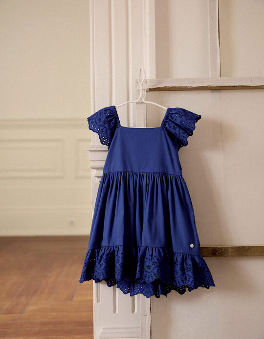 Cotton Dress with Broderie Anglaise for Baby Girls, Blue