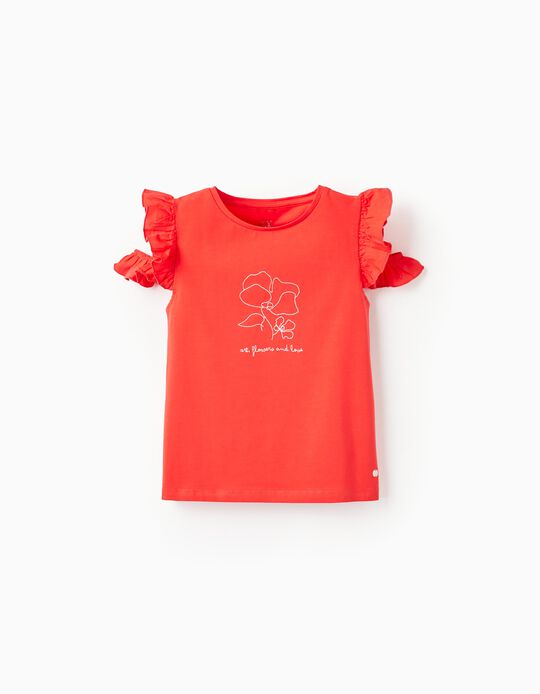 Camiseta de Algodón con Volantes para Niña 'Flores', Rojo