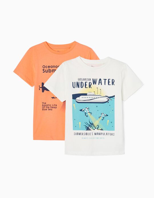 Pack 2 T-shirts de Algodão para Menino 'Underwater', Branco/Laranja