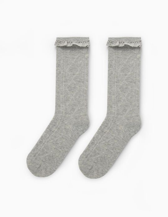 Knee-High Socks with Lace for Girls, Grey