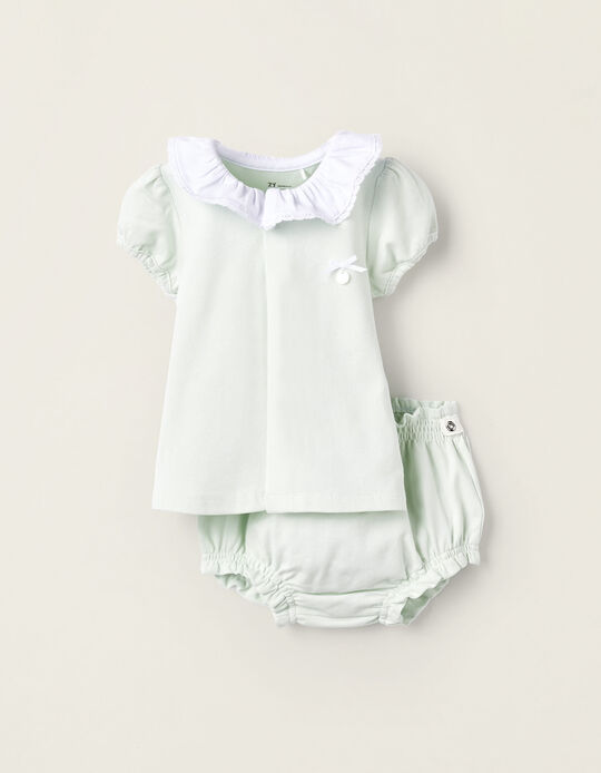 Two-Piece Cotton Pyjama Set for Newborn Girls, Aqua Green