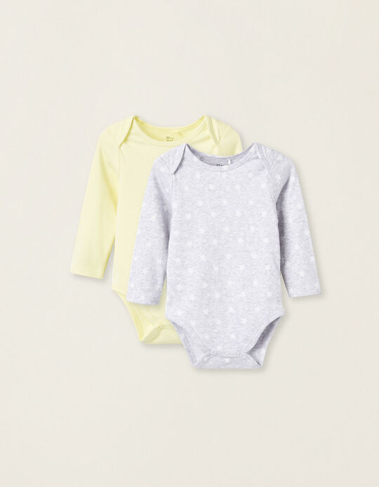 Pack of 2 Cotton Bodysuits for Baby Girls 'Little Star', Yellow/Grey