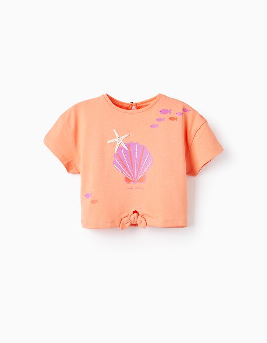 T-shirt Court en Coton pour Bébé Fille 'Coquillage', Corail