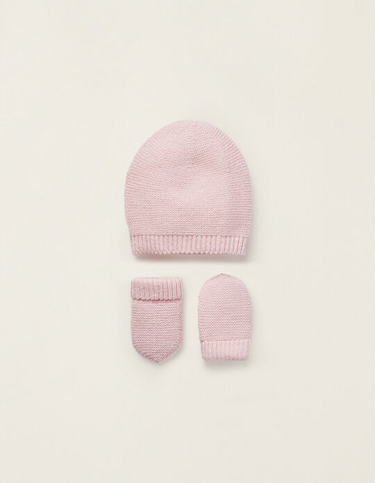 Beanie + Gloves Set for Newborn Girls, Pink