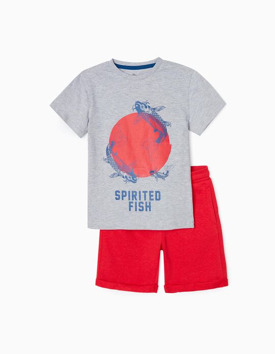 T-Shirt + Short Garçon 'Spirited Fish', Gris/Rouge