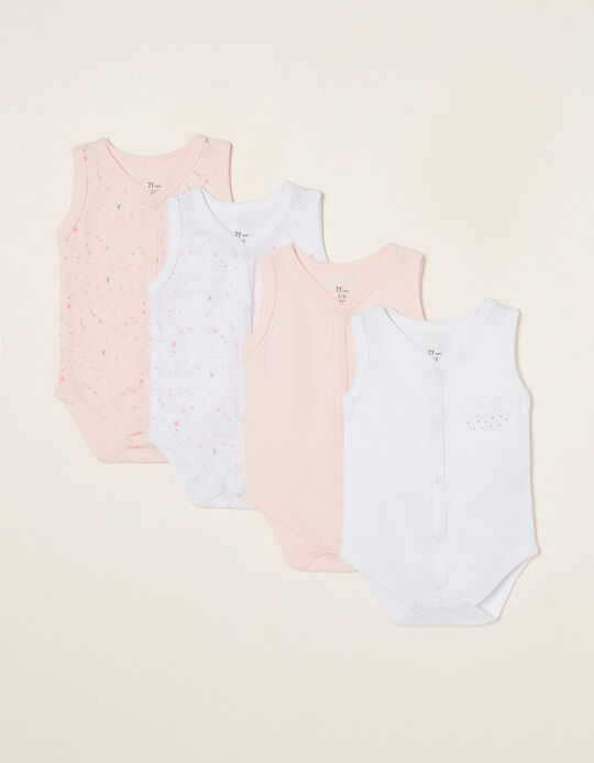 4 Sleeveless Bodysuits for Baby Girls 'Clouds', White/Pink