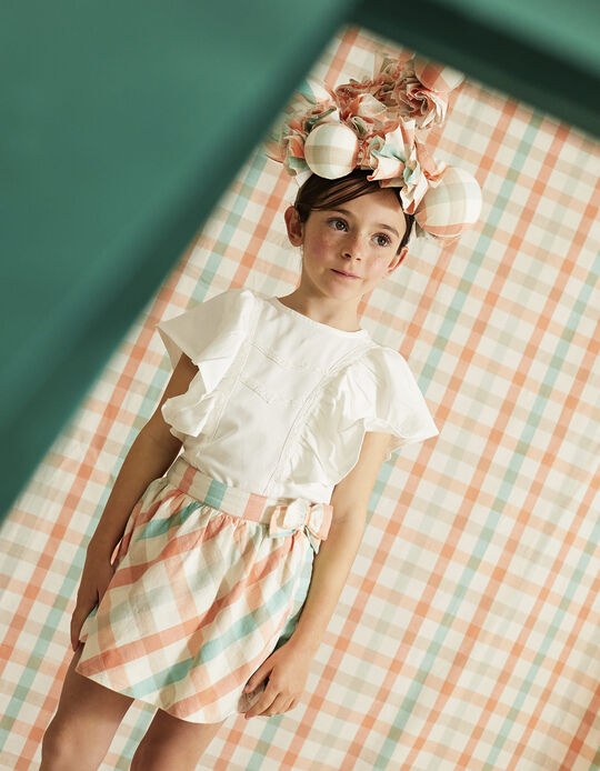 Checkered Cotton Skort for Girls 'B&S', Aqua Green/Coral