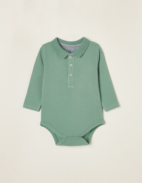 Cotton Polo-Bodysuit for Newborn Baby Boys, Aqua Green