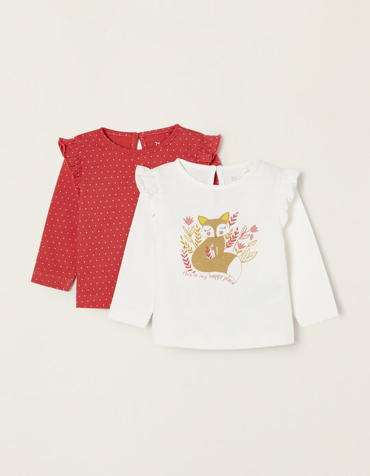 Pack 2 T-shirts de Manga Comprida para Recém-Nascida, Branco/Vermelho