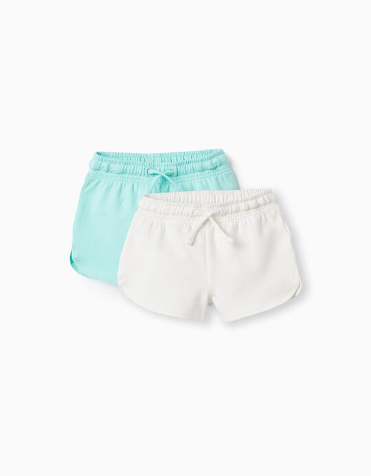 2 Cotton Shorts for Baby Girls, White/Green Water