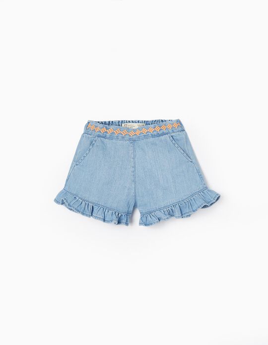 Cotton Denim Shorts with Embroidery for Girls, Blue