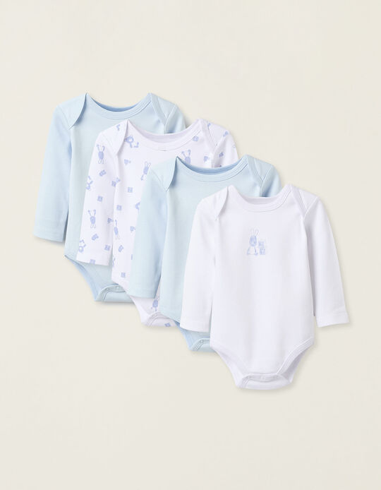 Buy Online Pack of 4 Long Sleeve Bodysuits for Babies 'Teddy', White/Blue