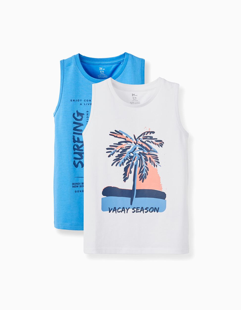 Buy Online 2 Sleeveless Cotton T-shirts for Boys 'Vacay', Blue/White