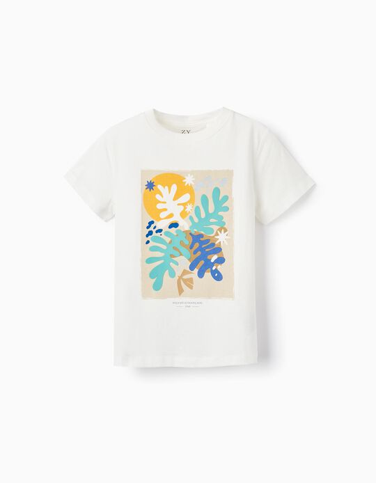 T-Shirt de Manga Curta em Algodão para Menino 'Polynésie', Branco