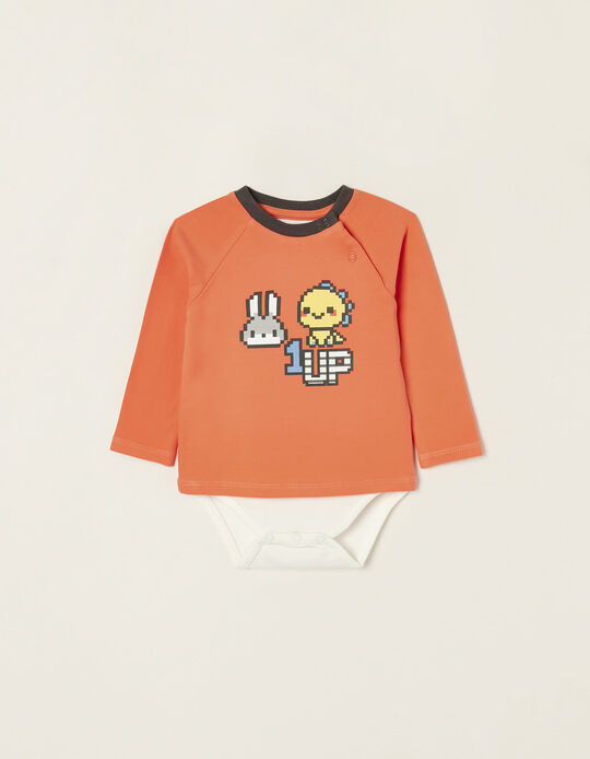 Cotton Sweatshirt-bodysuit for Newborn Baby Boys 'Gaming', Orange/Blue