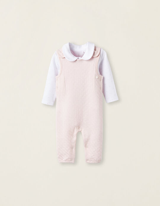 Jumpsuit + Bodysuit for Newborn Girls 'Hearts', White/Light Pink