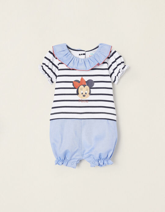 Dual Fabric Cotton Jumpsuit for Newborns 'Minnie', Blue/White