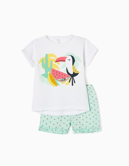 Pyjamas for Girls 'Pelican', White/Aqua Green