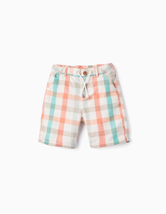 Checkered Cotton Shorts for Boys 'B&S', Aqua Green/Coral