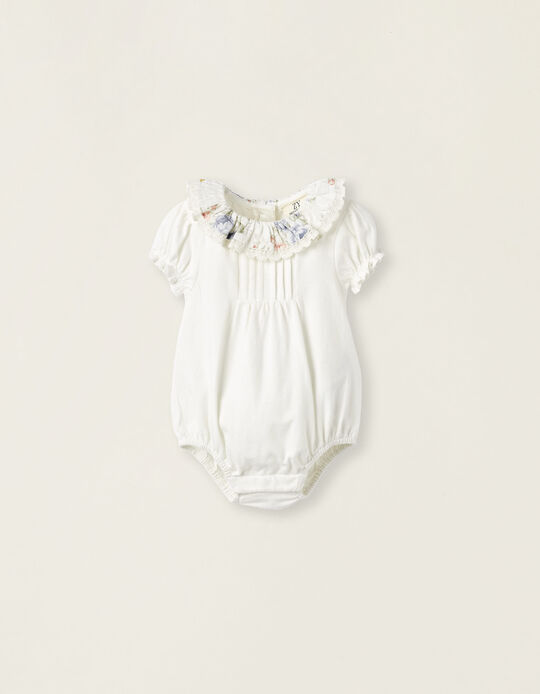 Cotton Bodysuit with Floral Collar for Newborn Girls, White