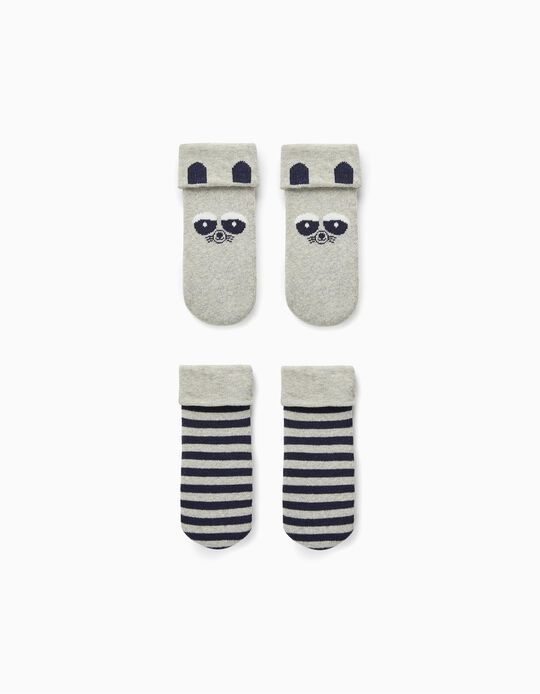 2 Pairs of Non-Slip Socks for Baby Boys 'Raccoon', Grey/Dark Blue