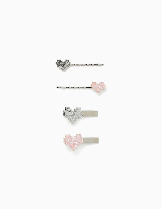4-Pack Hair Pins + Hair Clips for Babies and Girls 'Hearts', Silver/Pink