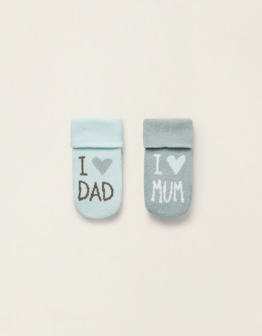 Pack of 2 pairs of Thick Baby Socks 'I Love Mum & Dad', Turquoise/Blue