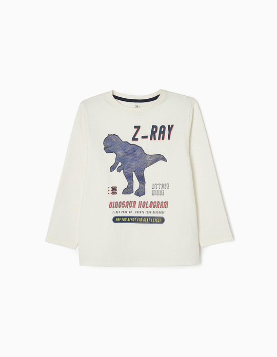 T-shirt à Manches Longues en Coton Garçon 'Dinosaure', Blanc