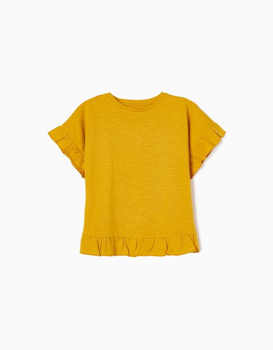 T-shirt de Algodão com Folhos para Menina, Amarelo Torrado