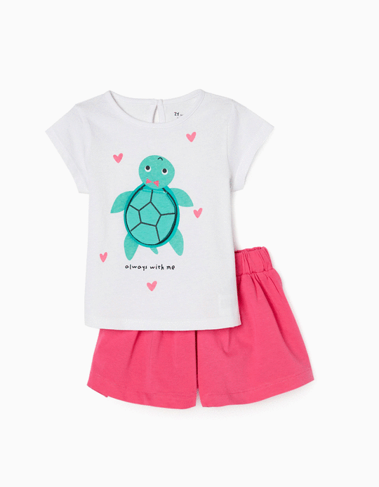 T-Shirt + Calções para Bebé Menina 'Turtle', Branco/Rosa