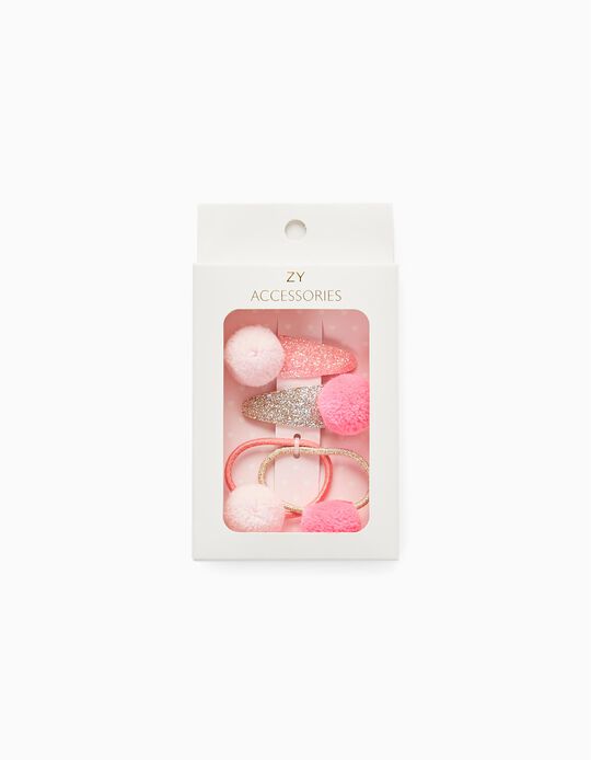 2 Hair Clips + 2 Hair Bobbles for Babies and Girls, Pink/Golden