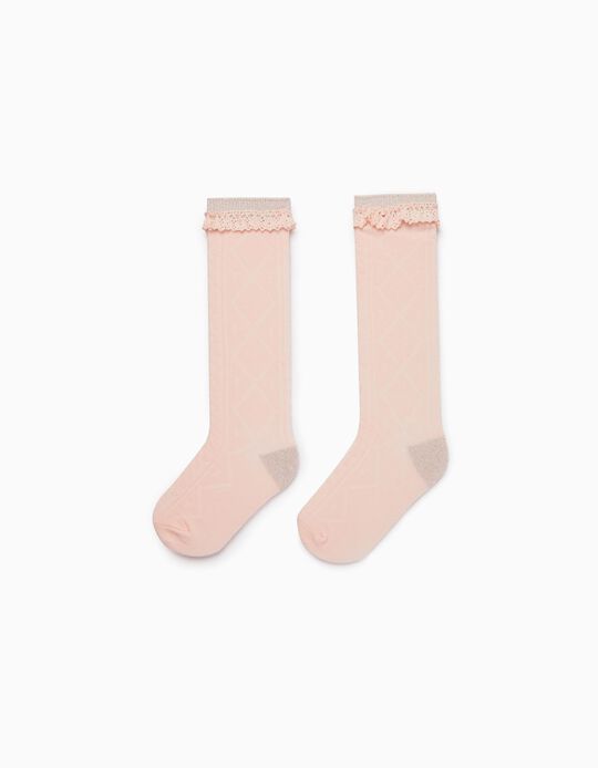 Cotton Knee-High Socks with Lace for Girls, Pink