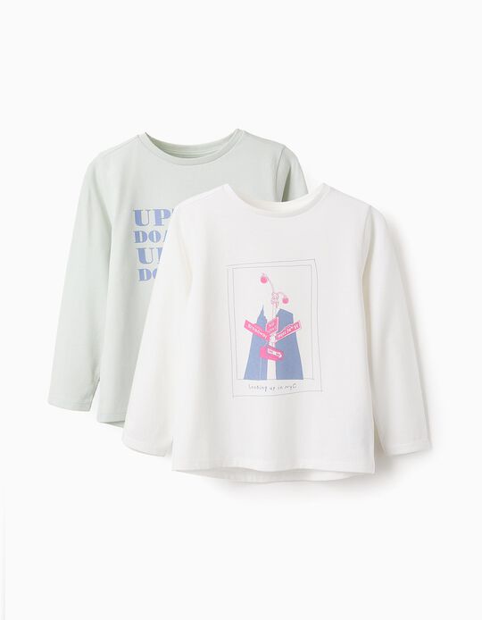 Comprar Online 2 T-shirts de Manga Comprida em Algodão para Menina 'NYC', Branco/Verde