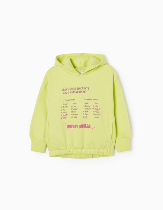 Hooded Sweatshirt in Cotton for Girls 'Avatar Name', Lime Green